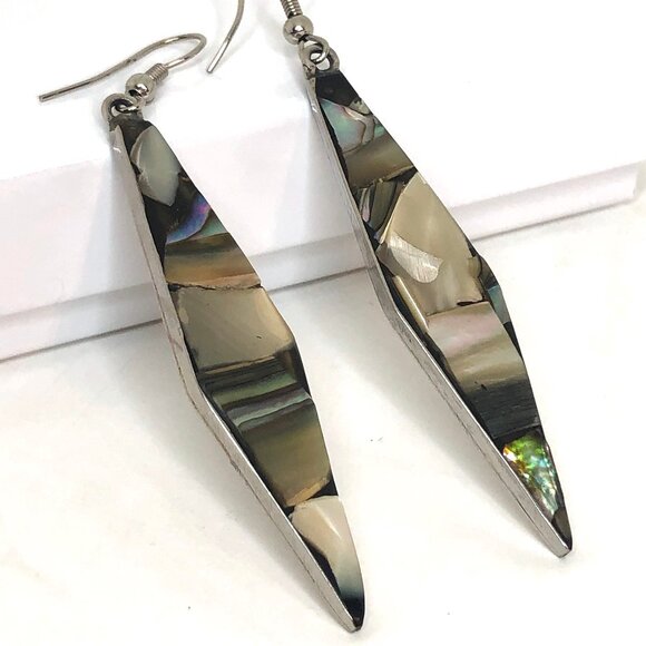 Jewelry - Handcrafted Abalone Diamond-shaped Dangle Earrings in Alpaca Silver.